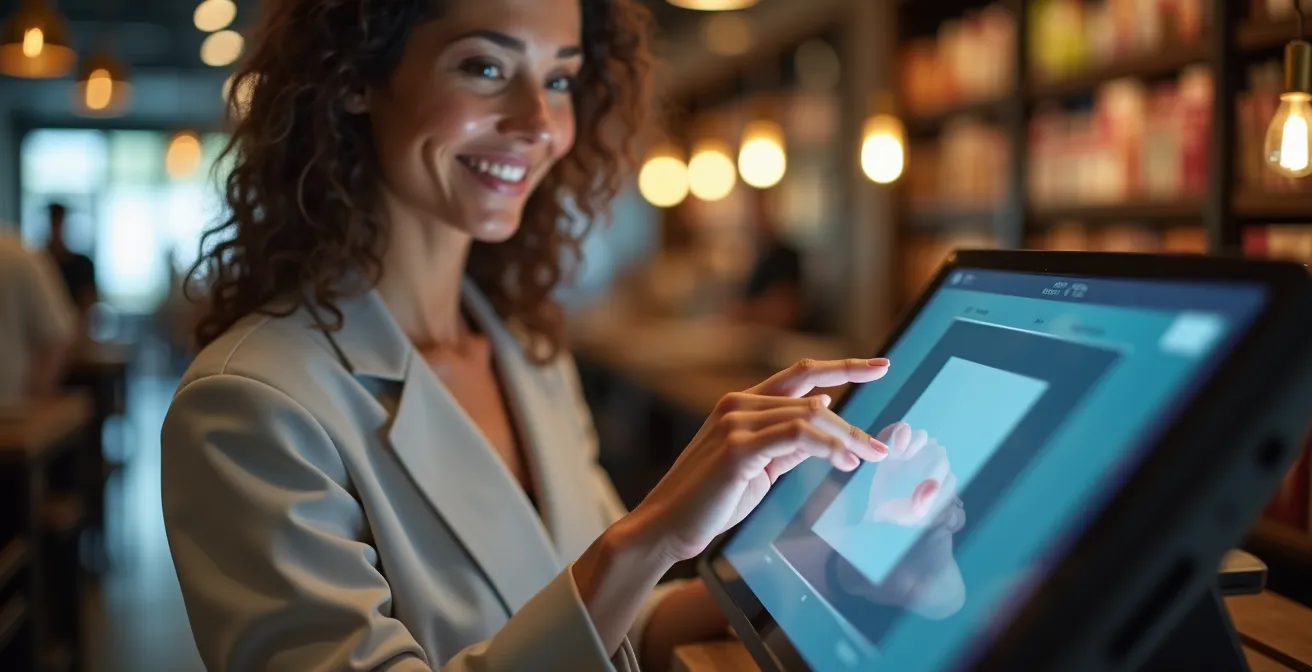 Gros plan sur une main et un visage souriant montrant l'interaction positive à un terminal de paiement