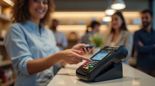 Environnement commercial moderne avec flux de paiement fluide et interactions clients positives