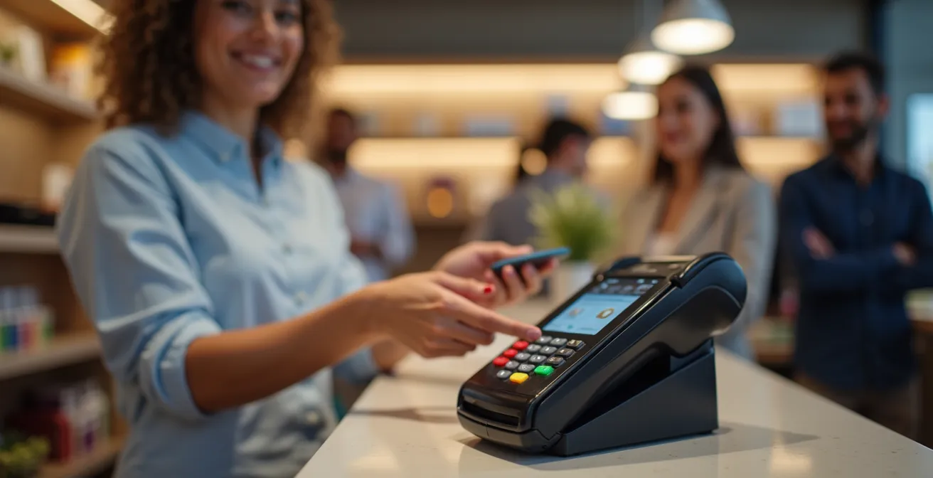 Environnement commercial moderne avec flux de paiement fluide et interactions clients positives