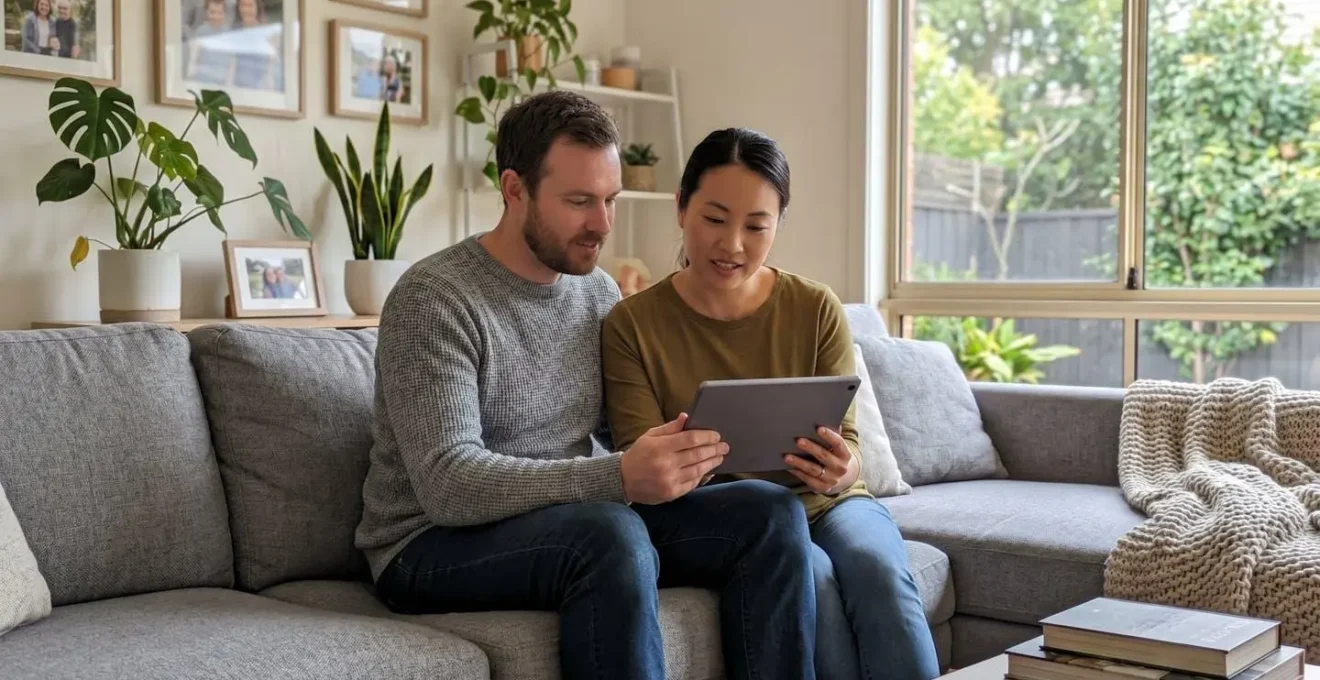 Couple consultant l'application mobile de leur banque pour gérer plusieurs comptes d'épargne depuis leur salon