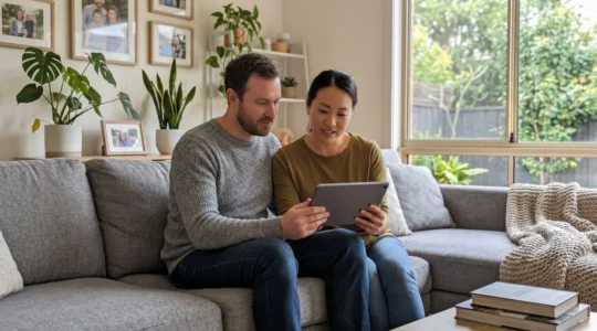 Couple consultant l'application mobile de leur banque pour gérer plusieurs comptes d'épargne depuis leur salon