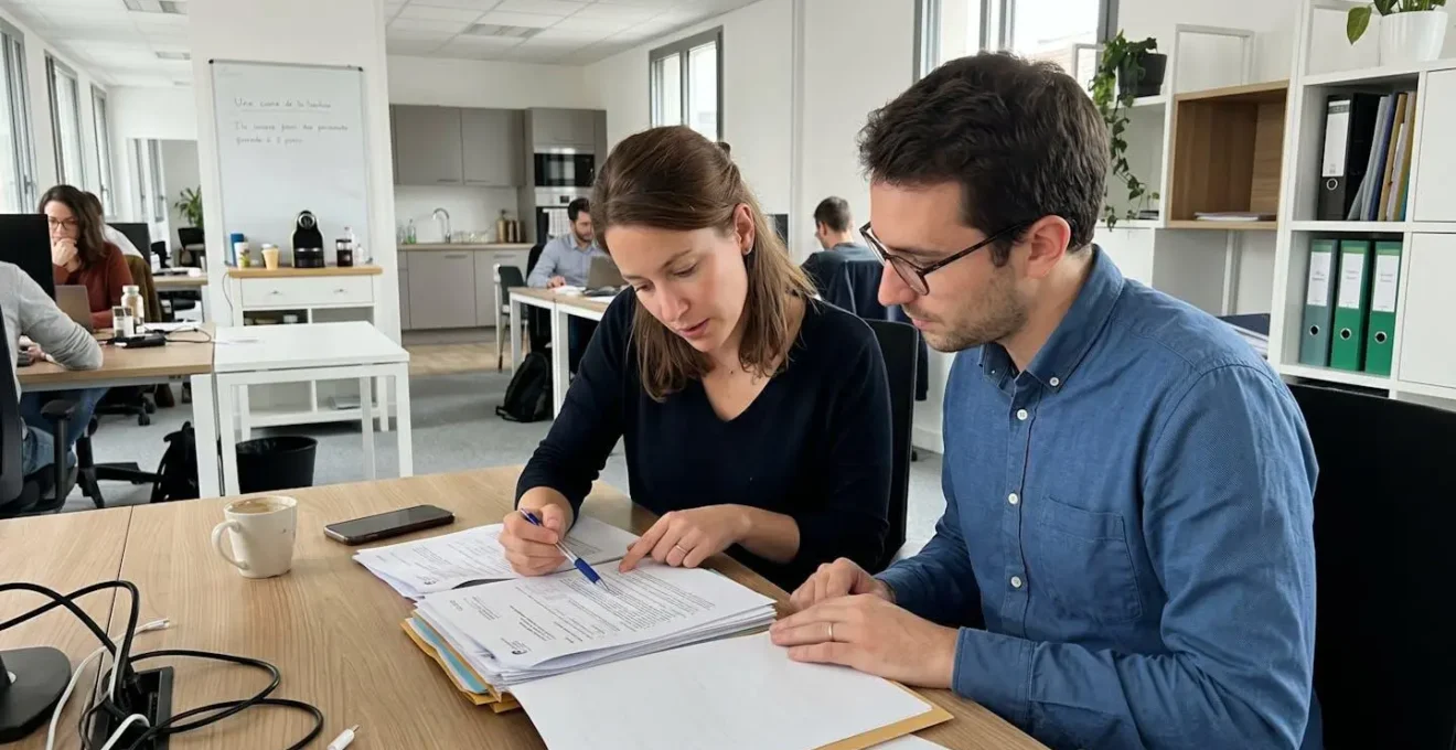Deux personnes examinent ensemble des documents administratifs sur un bureau moderne dans un environnement de travail lumineux