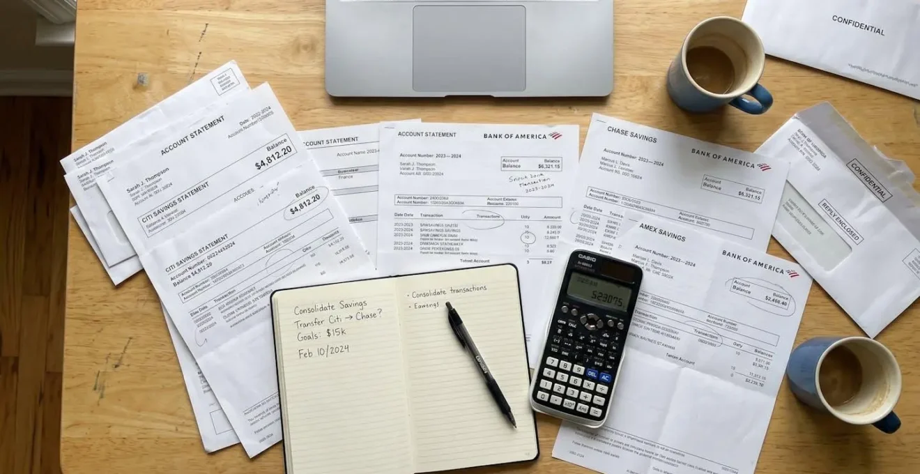 Plusieurs documents bancaires de différents établissements étalés sur une table, avec des relevés de Livret A, LDDS et assurance-vie visibles