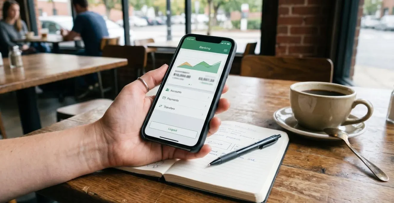 Main tenant un smartphone affichant un comparatif de taux d'épargne, posé sur une table de café avec un carnet ouvert