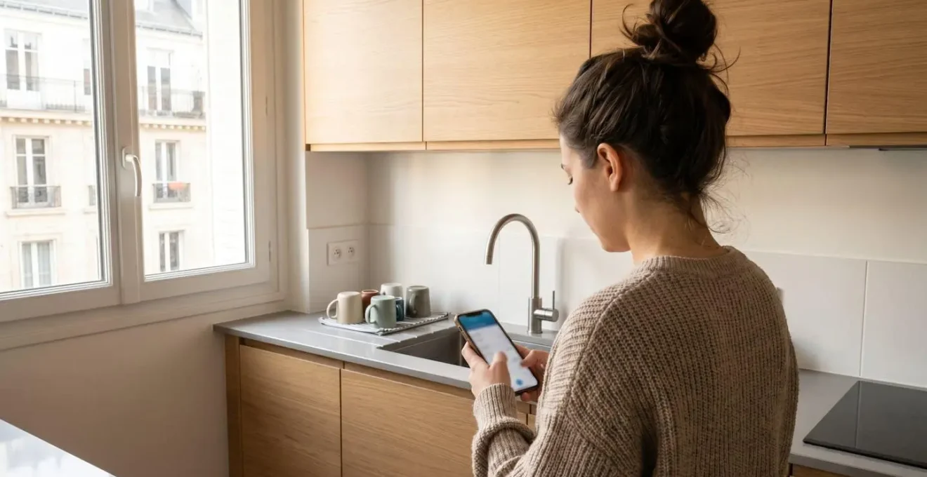 Une jeune femme consulte son application bancaire sur smartphone dans une cuisine moderne lumineuse
