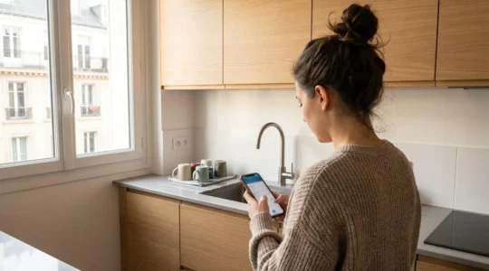 Une jeune femme consulte son application bancaire sur smartphone dans une cuisine moderne lumineuse