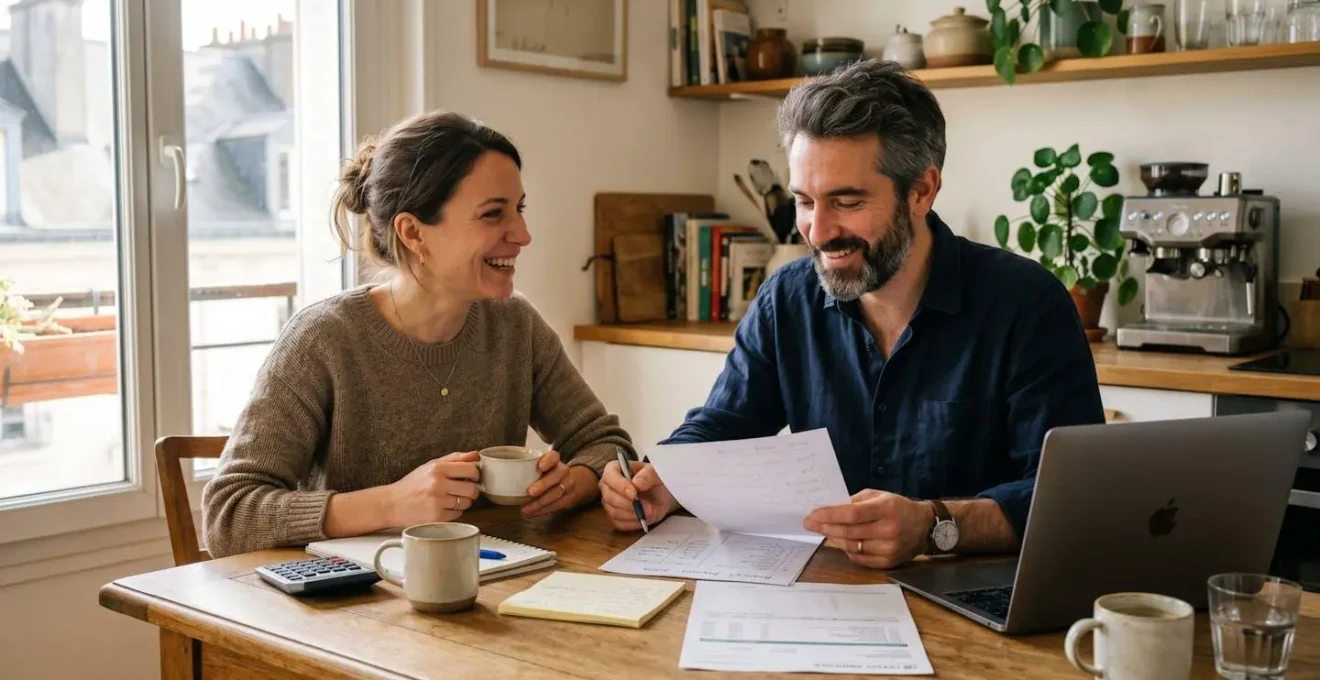 Un couple assis à une table lumineuse examine des documents bancaires ensemble