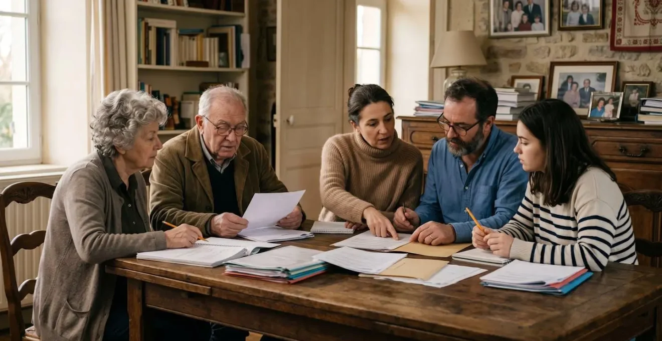 Une famille de trois générations autour d'une table, discutant de documents administratifs