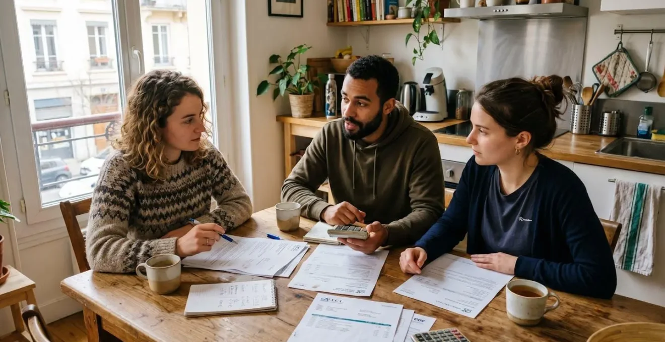 Trois colocataires discutent autour d'une table dans une cuisine moderne, documents devant eux