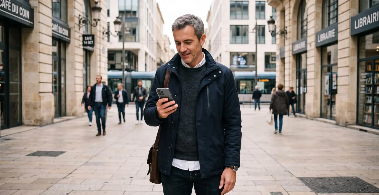 Une personne assise à la terrasse d'un café consulte son application bancaire mobile sur son smartphone avant d'effectuer un paiement, avec un terminal de paiement sur la table