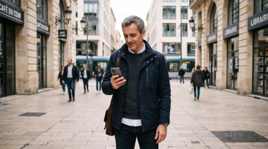 Une personne assise à la terrasse d'un café consulte son application bancaire mobile sur son smartphone avant d'effectuer un paiement, avec un terminal de paiement sur la table