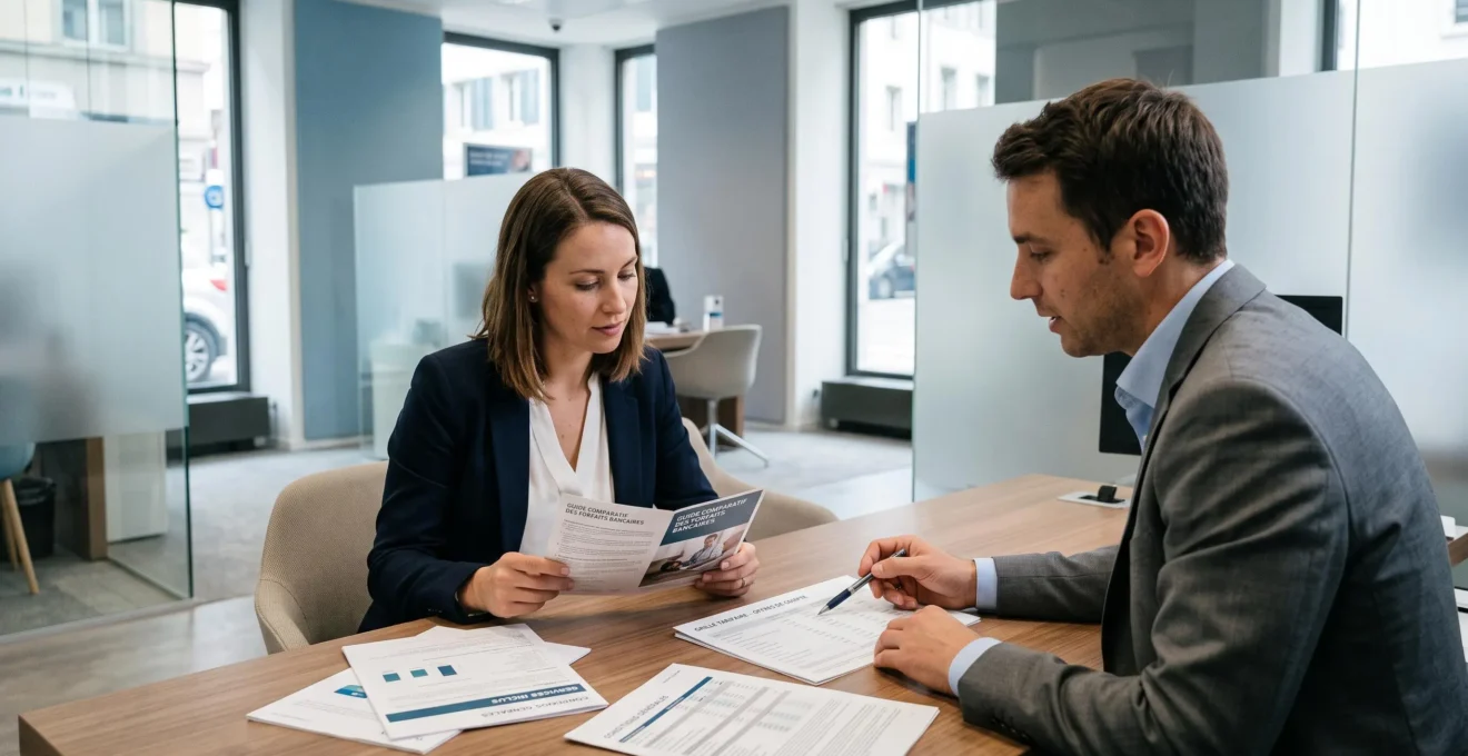 Cliente et conseiller bancaire examinant ensemble des documents de packages bancaires dans une agence française moderne