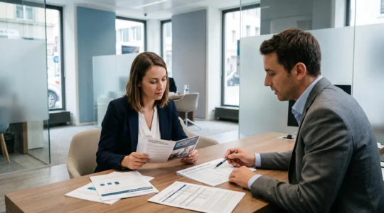Cliente et conseiller bancaire examinant ensemble des documents de packages bancaires dans une agence française moderne