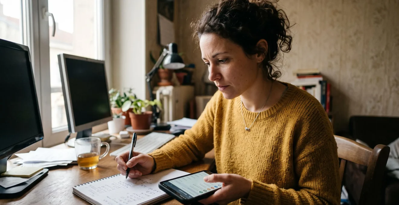 Une femme à son bureau personnel examine attentivement les détails de son compte bancaire sur son smartphone, comparant les informations avec des notes manuscrites sur un carnet