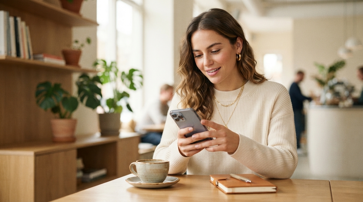 Jeune femme consultant son application bancaire sur smartphone dans un café moderne