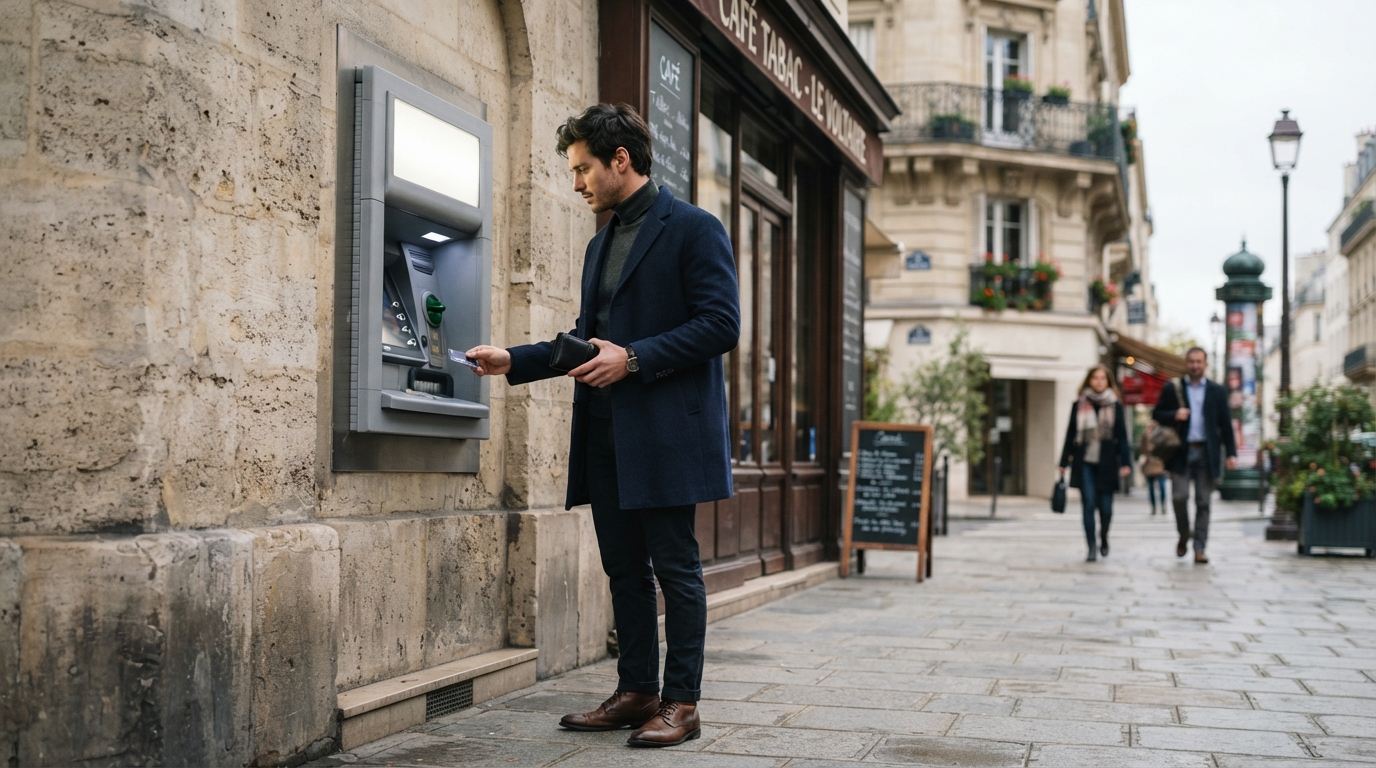 Homme utilisant un distributeur automatique de billets dans une rue urbaine française