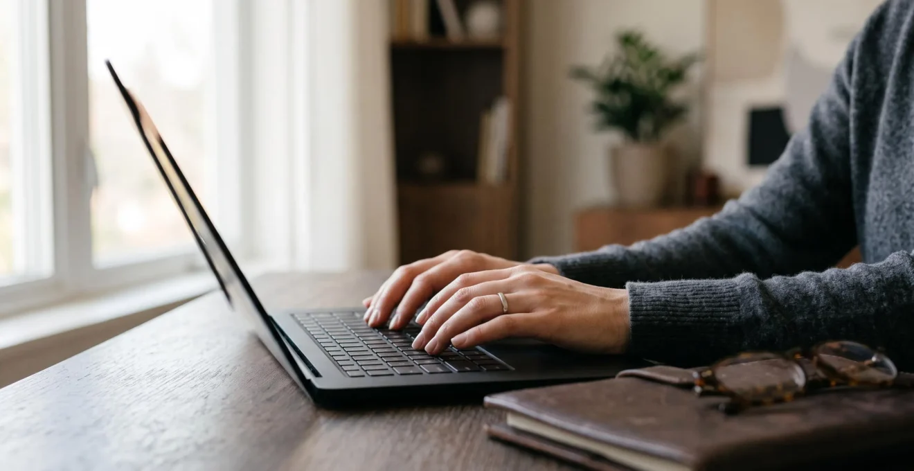 Personne accédant sereinement à ses comptes bancaires depuis un ordinateur portable dans un intérieur lumineux et épuré