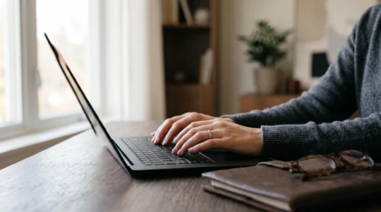 Personne accédant sereinement à ses comptes bancaires depuis un ordinateur portable dans un intérieur lumineux et épuré