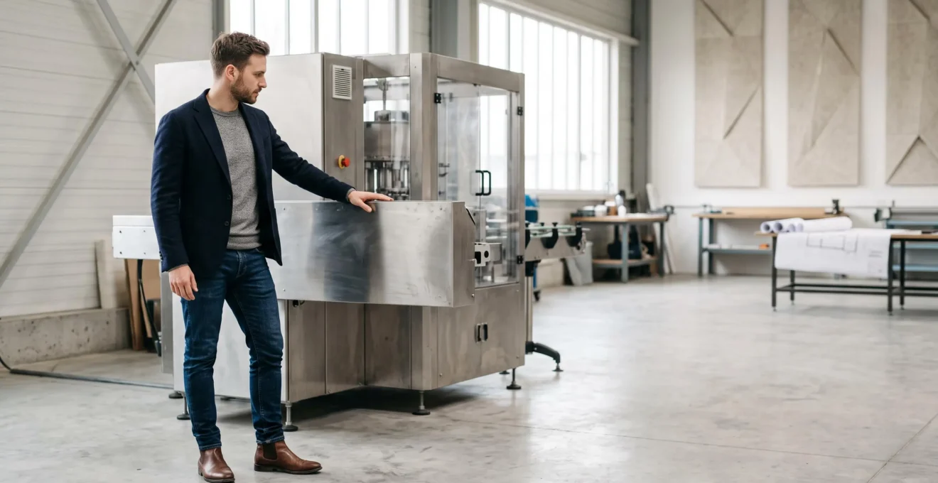 Chef d'entreprise observant un équipement professionnel neuf dans un atelier lumineux, symbole d'acquisition sans capital immobilisé