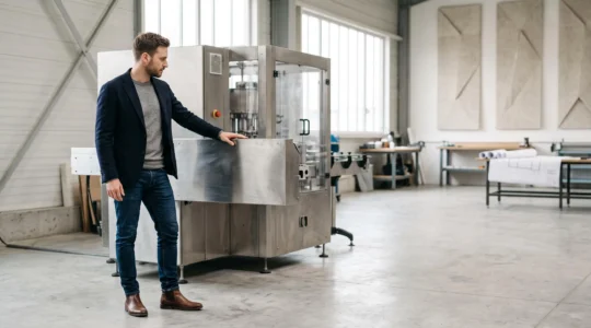 Chef d'entreprise observant un équipement professionnel neuf dans un atelier lumineux, symbole d'acquisition sans capital immobilisé