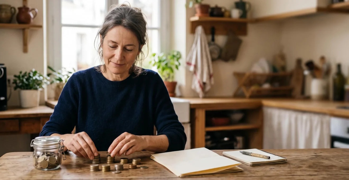Une personne organise ses finances personnelles à la table de la cuisine pour anticiper ses futures dépenses de santé