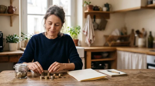 Une personne organise ses finances personnelles à la table de la cuisine pour anticiper ses futures dépenses de santé