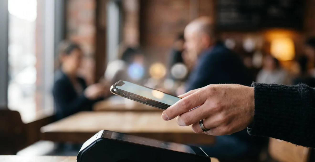 Main tenant un smartphone au-dessus d'un terminal de paiement, symbolisant le choix entre plusieurs portefeuilles numeriques