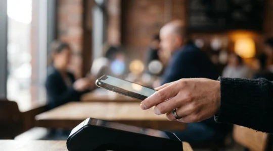 Main tenant un smartphone au-dessus d'un terminal de paiement, symbolisant le choix entre plusieurs portefeuilles numeriques