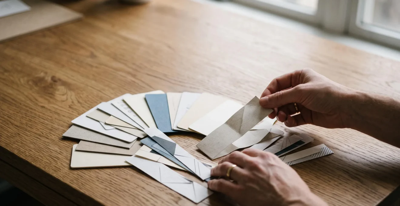 Personne comparant plusieurs documents bancaires abstraits étalés sur une table en bois, symbolisant la complexité du choix entre offres bancaires