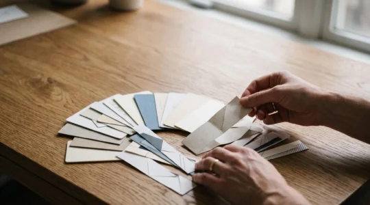 Personne comparant plusieurs documents bancaires abstraits étalés sur une table en bois, symbolisant la complexité du choix entre offres bancaires
