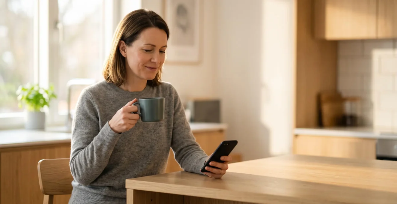 Personne sereine tenant une tasse de café le matin tout en consultant discrètement son smartphone pour vérifier ses finances