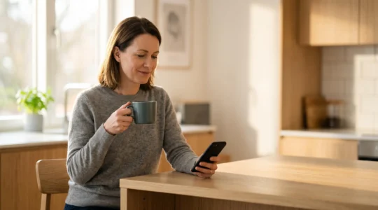 Personne sereine tenant une tasse de café le matin tout en consultant discrètement son smartphone pour vérifier ses finances