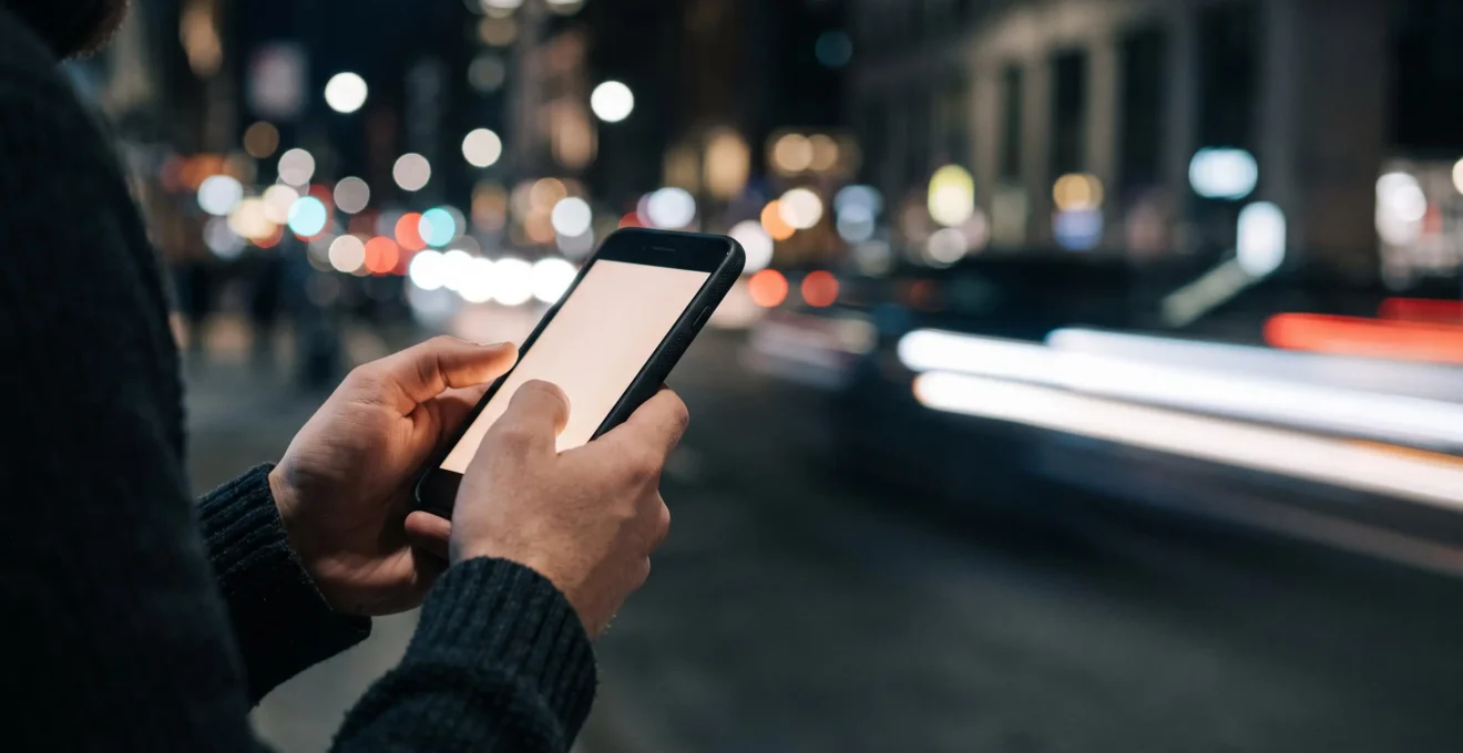 Personne consultant discrètement son téléphone la nuit, entourée de traînées lumineuses symbolisant les flux financiers instantanés