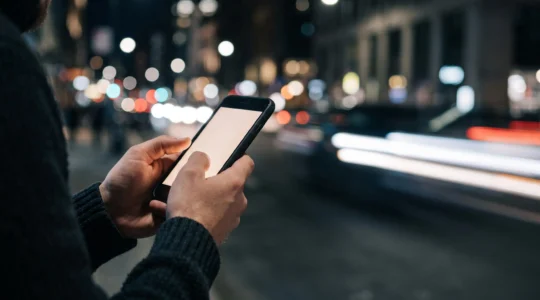 Personne consultant discrètement son téléphone la nuit, entourée de traînées lumineuses symbolisant les flux financiers instantanés