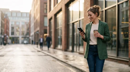 Personne consultant brièvement son téléphone le matin, symbole d'un suivi bancaire rapide et serein au quotidien