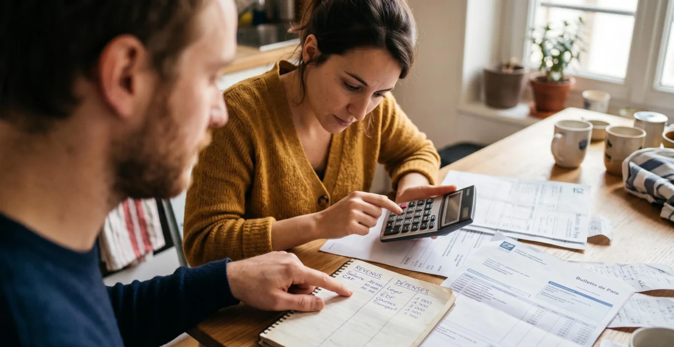 Un couple examine ses relevés bancaires et une fiche de paie avec une calculette pour calculer son taux d'endettement.