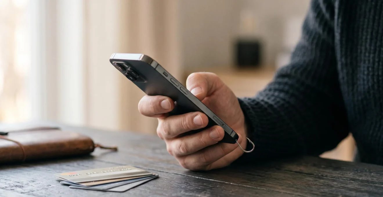 Main tenant un smartphone avec un hameçon numérique symbolisant une arnaque financière en ligne