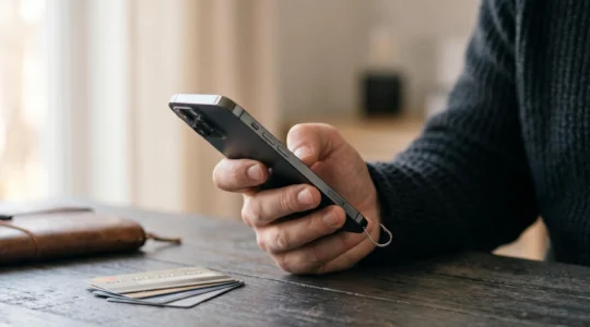 Main tenant un smartphone avec un hameçon numérique symbolisant une arnaque financière en ligne