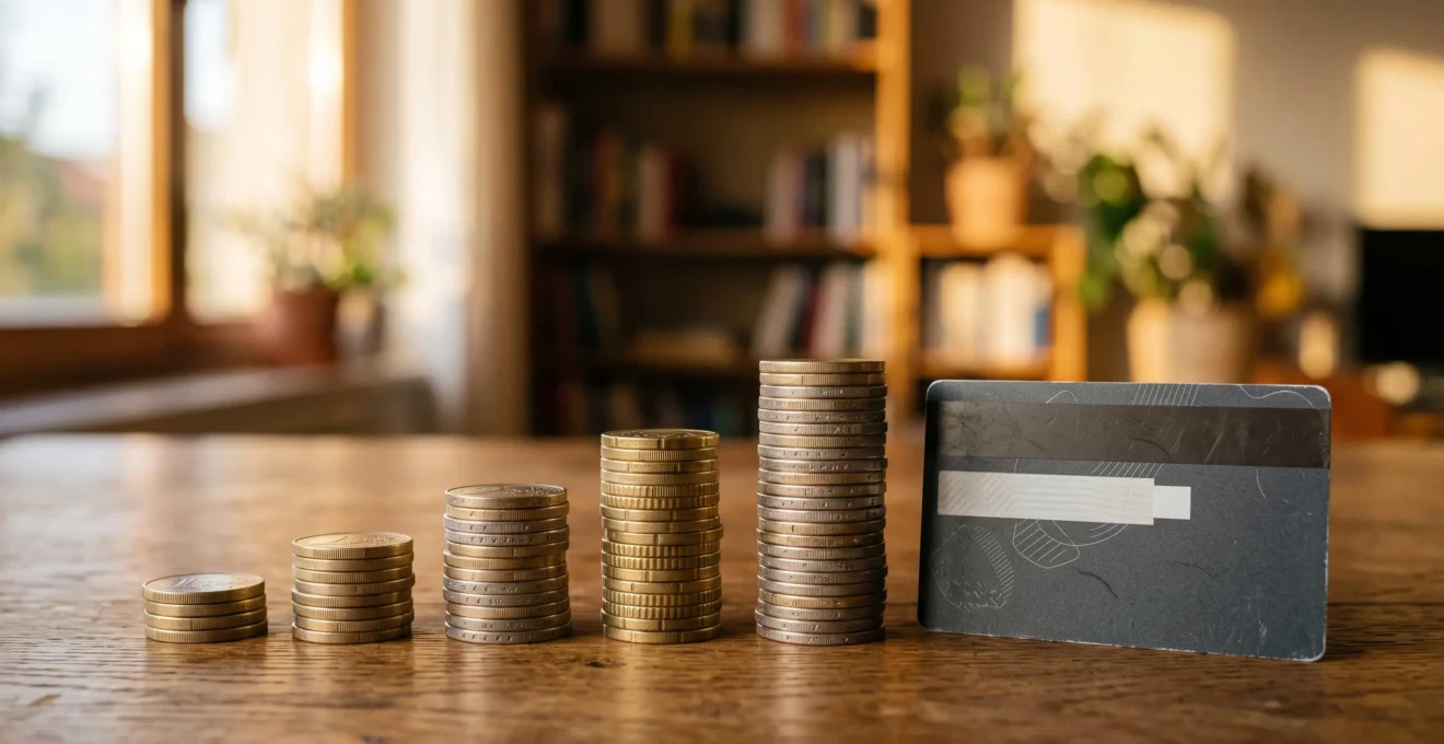 Pièces de monnaie euro empilées à côté d'une carte bancaire posée sur une table en bois, symbolisant les économies réalisées sur les frais bancaires