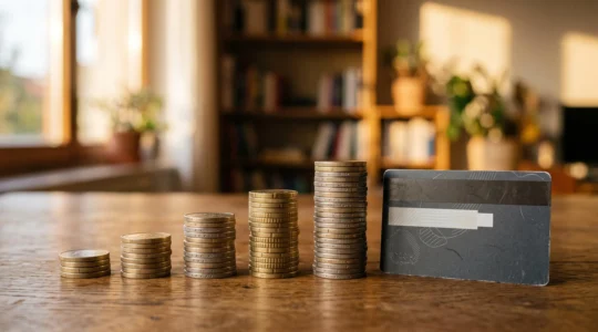 Pièces de monnaie euro empilées à côté d'une carte bancaire posée sur une table en bois, symbolisant les économies réalisées sur les frais bancaires