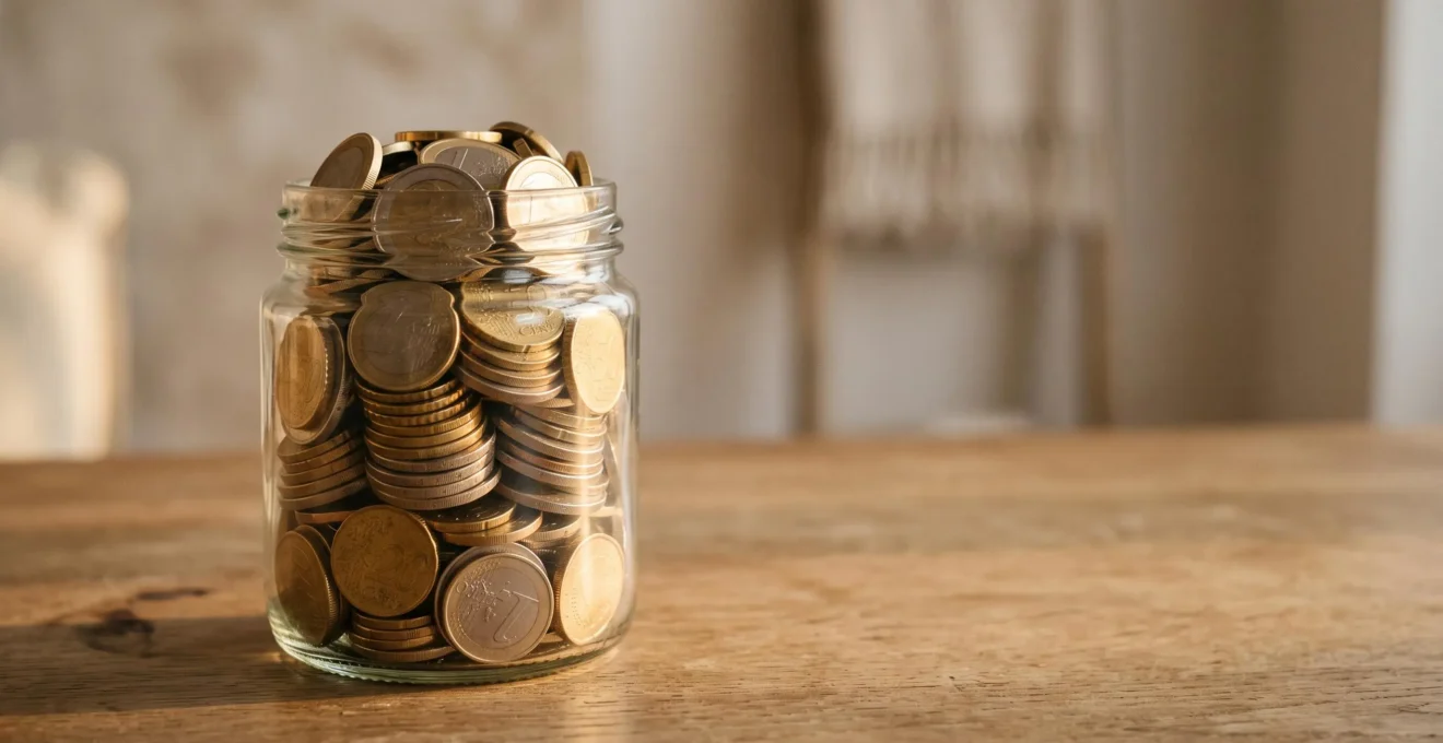 Bocal en verre rempli de pieces de monnaie eclaire par une lumiere douce, symbolisant une epargne disponible et sans imposition
