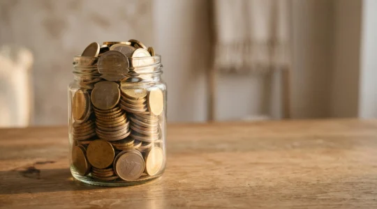 Bocal en verre rempli de pieces de monnaie eclaire par une lumiere douce, symbolisant une epargne disponible et sans imposition