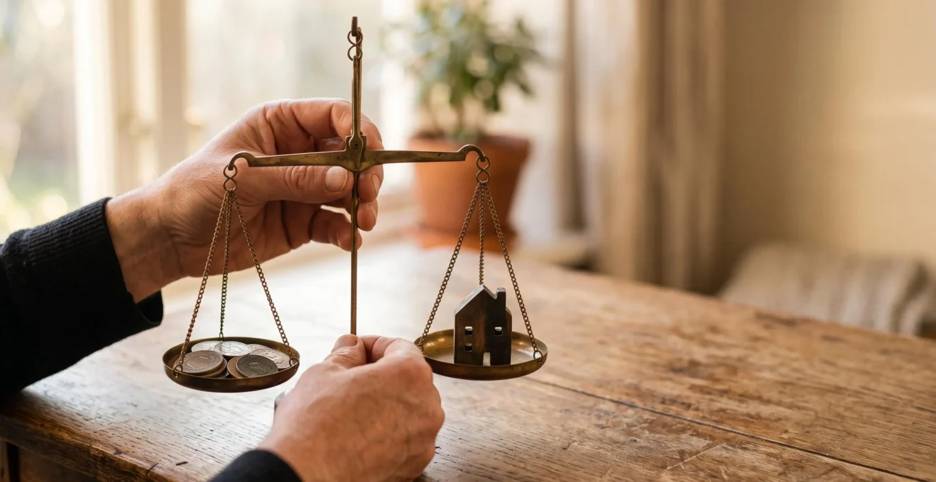Silhouette tenant une balance en équilibre entre une maison miniature et des pièces de monnaie, symbolisant le choix entre durée et mensualités d'un crédit