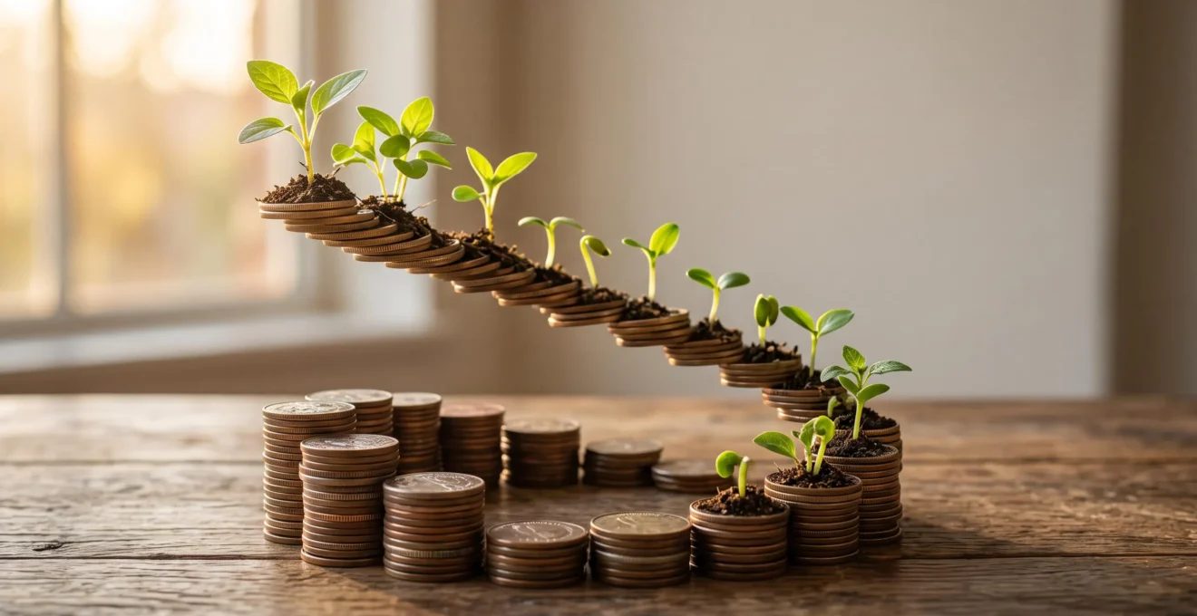 Pièces de monnaie et graines disposées en spirale ascendante symbolisant la croissance progressive de l'épargne investie