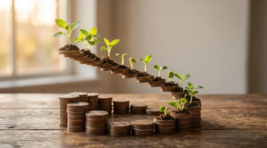 Pièces de monnaie et graines disposées en spirale ascendante symbolisant la croissance progressive de l'épargne investie