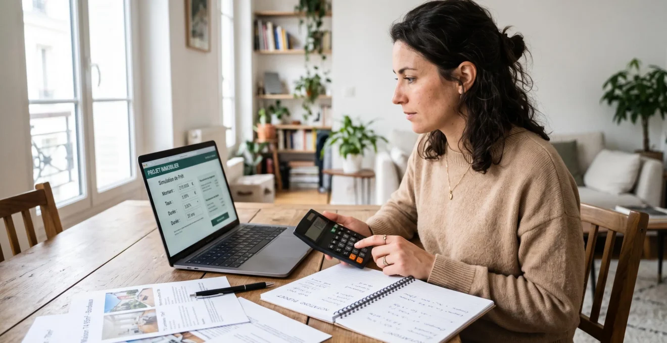 Une personne utilise une calculette devant un écran de simulation de prêt immobilier, assise à une table dans un appartement lumineux.