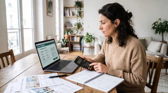 Une personne utilise une calculette devant un écran de simulation de prêt immobilier, assise à une table dans un appartement lumineux.