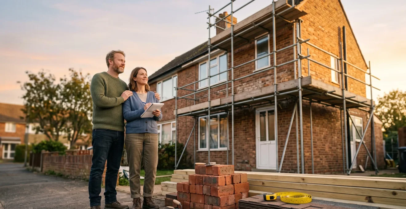 Maison en cours de rénovation avec échafaudage au coucher du soleil, symbolisant un financement de travaux étalé dans le temps