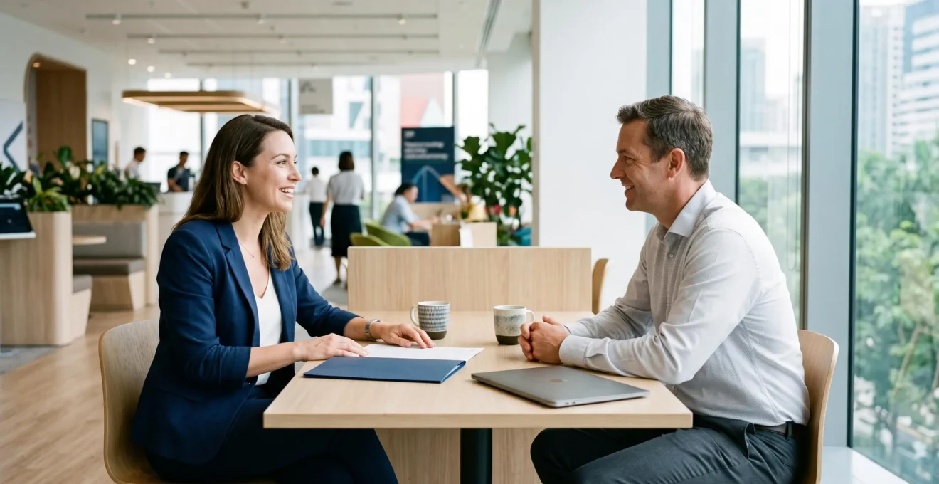 Entrepreneur freelance signant un dossier de pret immobilier face a un conseiller bancaire dans un bureau lumineux