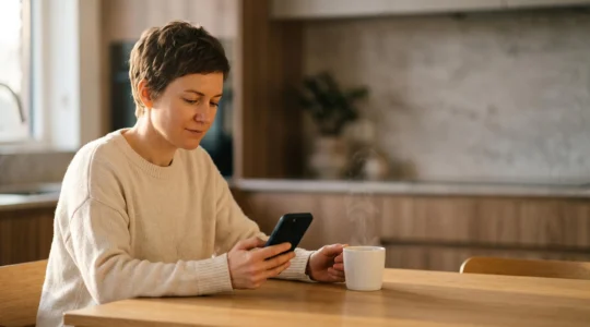 Personne consultant calmement ses comptes bancaires le matin, dans une ambiance sereine, sans stress financier